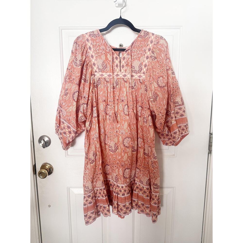 Cleobella Dress Womens L Pink Floral Boho Balloon Sleeve Tassel Mini Swing - Picture 3 of 6
